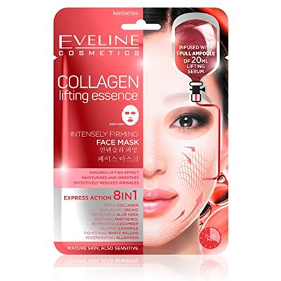EVELINE COSMETICS Collagen Essence Lifting Sheet Mask 8-i-1 koreansk formel med kollagen, orkidé, gurka, kamomill och aloe – 20 ml vitaliserande serum för mogen och känslig hud EVELINE COSMETICS Collagen Essence Lifting Sheet Mask 8-i-1 koreansk formel med kollagen, orkidé, gurka, kamomill och aloe – 20 ml vitaliserande serum för mogen och känslig hud