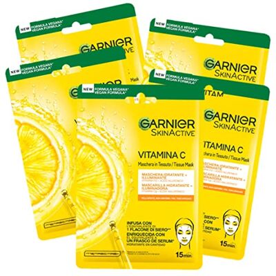 Garnier Active Hydra Bomb, fuktgivande och upplysande ansiktsmask, med C-vitamin och hyaluronsyra, för blekt och icke-enhetlig hud, 5-pack Garnier Active Hydra Bomb, fuktgivande och upplysande ansiktsmask, med C-vitamin och hyaluronsyra, för blekt och icke-enhetlig hud, 5-pack