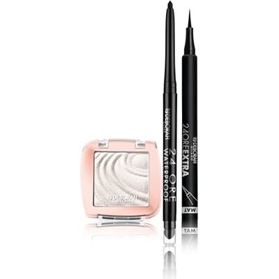 DEBORAH Milano Makeup-set med ögonpenna 24 timmar, automatisk vattentät 01 svart, ögonskugga färgälskare 01 skimrande vit, krämig lång varaktig och eyeliner-penna, 24 timmar extra matt, lång tätning DEBORAH Milano Makeup-set med ögonpenna 24 timmar, automatisk vattentät 01 svart, ögonskugga färgälskare 01 skimrande vit, krämig lång varaktig och eyeliner-penna, 24 timmar extra matt, lång tätning