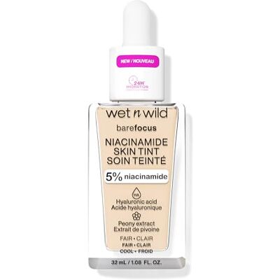 Wet n Wild Bare Focus Niacinamide Skin Tint, Lätt Foundation med en Byggbar Formula, Berikad med Hyaluronsyra och Vitamin E för en Upplysande Look, Fair Wet n Wild Bare Focus Niacinamide Skin Tint, Lätt Foundation med en Byggbar Formula, Berikad med Hyaluronsyra och Vitamin E för en Upplysande Look, Fair