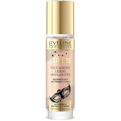 EVELINE COSMETICS Varit flytande highlighter för ansikte och kropp – nr 01 champagne guld Mångsidig formel för kinder, ögon, läppar och kropp berikad med C-vitamin och irisextrakt EVELINE COSMETICS Varit flytande highlighter för ansikte och kropp – nr 01 champagne guld Mångsidig formel för kinder, ögon, läppar och kropp berikad med C-vitamin och irisextrakt