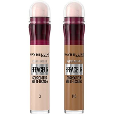 MAYBELLINE New York set med 2 flytande concealer korrigerings- och kontureringssats Instant Anti-Age Eraser nyanser: klar (03) och oliv guld (145) 2 x 6,8 ml MAYBELLINE New York set med 2 flytande concealer korrigerings- och kontureringssats Instant Anti-Age Eraser nyanser: klar (03) och oliv guld (145) 2 x 6,8 ml