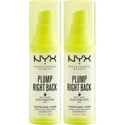 NYX Professional Makeup Plump Right Back Primer & Serum, bas för fräsch makeup hela dagen, med hyaluronsyra, vitaminer, kalium och magnesium, vegansk formel, bipack, 2 x 30 ml NYX Professional Makeup Plump Right Back Primer & Serum, bas för fräsch makeup hela dagen, med hyaluronsyra, vitaminer, kalium och magnesium, vegansk formel, bipack, 2 x 30 ml