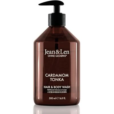 Jean & Len Hair & Body Wash Cardamom & Tonka, vårdar och rengör hår och kropp, med fuktkomplex, en mild och kryddig doft av kardemumma och tonka, utan parabener och silikoner, vegansk, 500 ml Jean & Len Hair & Body Wash Cardamom & Tonka, vårdar och rengör hår och kropp, med fuktkomplex, en mild och kryddig doft av kardemumma och tonka, utan parabener och silikoner, vegansk, 500 ml