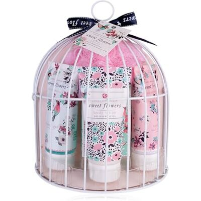 accentra Duschset presentförpackning för kvinnor SWEET FLOWERS i en vacker fågelbur, 5-delat badset present med duschgel, bodylotion, tvål, handkräm & nätsvamp wellness set för kvinnor & flickor accentra Duschset presentförpackning för kvinnor SWEET FLOWERS i en vacker fågelbur, 5-delat badset present med duschgel, bodylotion, tvål, handkräm & nätsvamp wellness set för kvinnor & flickor