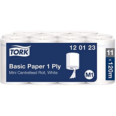Tork Basic Papper 1-lagers vit M1, kostnadseffektivt centrummatat avningspapper, 11 x 120 m, 120123 Tork Basic Papper 1-lagers vit M1, kostnadseffektivt centrummatat avningspapper, 11 x 120 m, 120123