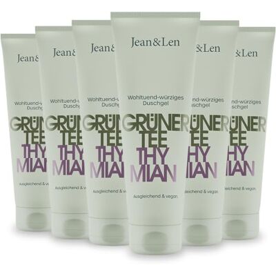 Jean & Len duschgel med grönt te och timjan, vegansk, 6 x 250 ml pH-balanserad för huden, en välgörande och kryddig duschupplevelse, berikad med extrakt av grönt te och timjan, vegansk Jean & Len duschgel med grönt te och timjan, vegansk, 6 x 250 ml pH-balanserad för huden, en välgörande och kryddig duschupplevelse, berikad med extrakt av grönt te och timjan, vegansk