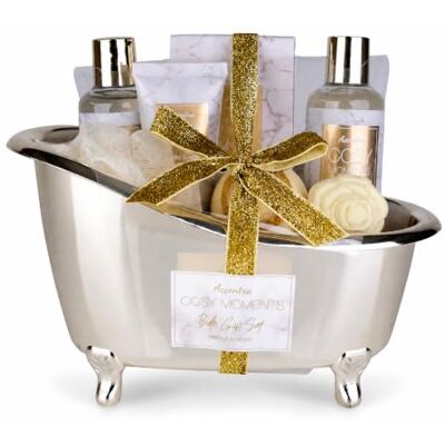 accentra COSY MOMENTS badset i guldbadkar, Vanilla Almond, 90 g badbomb Skumbad, duschgel, badsalt, handkräm, tvål samt nätbadsvamp, färdigt paket för egenvård, gåva till henne och lugn hemma accentra COSY MOMENTS badset i guldbadkar, Vanilla Almond, 90 g badbomb Skumbad, duschgel, badsalt, handkräm, tvål samt nätbadsvamp, färdigt paket för egenvård, gåva till henne och lugn hemma
