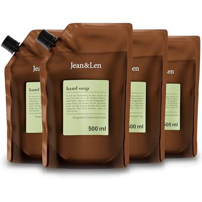 Jean & Len handtvål med bergamott och cederträ i påfyllningsförpackning, rengör slitna händer, lämplig för daglig användning, uppfriskande citrusdoft, veganskt set med flytande tvål, 4 x 500 ml Jean & Len handtvål med bergamott och cederträ i påfyllningsförpackning, rengör slitna händer, lämplig för daglig användning, uppfriskande citrusdoft, veganskt set med flytande tvål, 4 x 500 ml