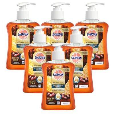 Sagrotan handtvål vinter begränsad utgåva – fuktgivande, doft frostad citrus – 6 x 250 ml i ett praktiskt värdepaket Sagrotan handtvål vinter begränsad utgåva – fuktgivande, doft frostad citrus – 6 x 250 ml i ett praktiskt värdepaket