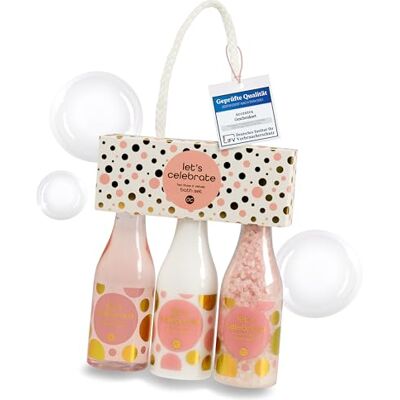 accentra Låt oss fira presentset kvinnor i champagneflaskor i plast bad- och duschset med terosa & sammet inkl. duschtvål, bodylotion & badsalt 3-delat wellnessset för kvinnor och tjejer accentra Låt oss fira presentset kvinnor i champagneflaskor i plast bad- och duschset med terosa & sammet inkl. duschtvål, bodylotion & badsalt 3-delat wellnessset för kvinnor och tjejer