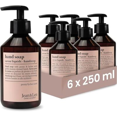 Jean & Len handtvål i set med doft av pion och litchi, rengör händerna skonsamt, flytande tvål i pumpflaska för mjuka händer, blommig doft, utan parabener, vegan, 6 x 250 ml Jean & Len handtvål i set med doft av pion och litchi, rengör händerna skonsamt, flytande tvål i pumpflaska för mjuka händer, blommig doft, utan parabener, vegan, 6 x 250 ml