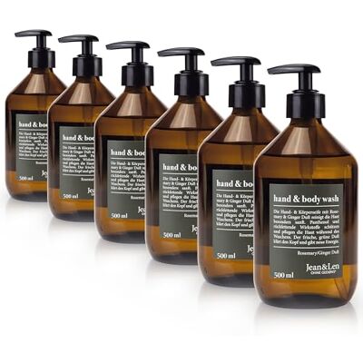 Jean & Len Hand & Body Wash Rosemary och Ginger Set, rengör och ger näring åt huden, kryddig och fräsch doft, hand- och duschtvål, flytande tvål utan silikoner och parabener, glasflaska 6 x 500 ml Jean & Len Hand & Body Wash Rosemary och Ginger Set, rengör och ger näring åt huden, kryddig och fräsch doft, hand- och duschtvål, flytande tvål utan silikoner och parabener, glasflaska 6 x 500 ml