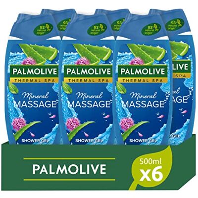 Palmolive Termisk spa mineralmassage 500 ml x 6 Duschgel med havssalt och Aloe Duschtvål med ingredienser av 93% naturligt ursprung 30% återvunnen plast Palmolive Termisk spa mineralmassage 500 ml x 6 Duschgel med havssalt och Aloe Duschtvål med ingredienser av 93% naturligt ursprung 30% återvunnen plast