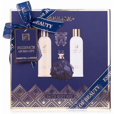 accentra Badset SALSA ESSENCE OF BEAUTY för kvinnor, lotion, gel, scrub, nätsvamp, vit te- och nerolidoft, presentförpackning, lyx för kvinnor accentra Badset SALSA ESSENCE OF BEAUTY för kvinnor, lotion, gel, scrub, nätsvamp, vit te- och nerolidoft, presentförpackning, lyx för kvinnor