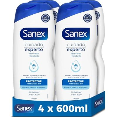 Sanex Expertvård duschgel, 4-pack x 600 ml, naturlig prebiotisk formel, stärker den skyddande barriären i huden, 12 tim. Återfuktning, 0% sulfater, för alla hudtyper Sanex Expertvård duschgel, 4-pack x 600 ml, naturlig prebiotisk formel, stärker den skyddande barriären i huden, 12 tim. Återfuktning, 0% sulfater, för alla hudtyper