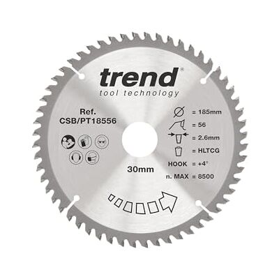 TREND laminat- och HPL-cirkelsågblad, 185 mm diameter, 30 mm borrning, 56 tänder, 2,6 mm skärfog, +4° krok, TCT, superfin yta, CSB/PT18556 TREND laminat- och HPL-cirkelsågblad, 185 mm diameter, 30 mm borrning, 56 tänder, 2,6 mm skärfog, +4° krok, TCT, superfin yta, CSB/PT18556