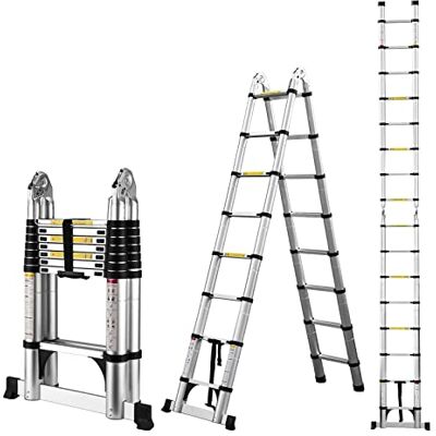 COOCHEER Teleskopstege av aluminium, 5 meter, vikstege, multifunktionsstege stående stege, utdragbar stege, maximal lastkapacitet: 150 kg, silver COOCHEER Teleskopstege av aluminium, 5 meter, vikstege, multifunktionsstege stående stege, utdragbar stege, maximal lastkapacitet: 150 kg, silver
