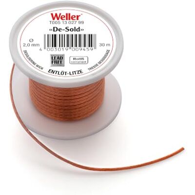 Weller T0051302799 Desoldering Liquid 30 m spole Bredd 2 mm Flödesmedelsdränkt kopparnät Snabb och ren borttagning av lödtenn för elektronik och kretskortreparation Weller T0051302799 Desoldering Liquid 30 m spole Bredd 2 mm Flödesmedelsdränkt kopparnät Snabb och ren borttagning av lödtenn för elektronik och kretskortreparation