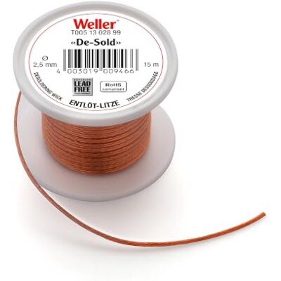 Weller T0051302899 avlödningsspole 15 m spole bredd 2,5 mm Flödesmedelsdränkt kopparnät Snabb och ren borttagning av lödtenn För elektronik och kretskort reparation Weller T0051302899 avlödningsspole 15 m spole bredd 2,5 mm Flödesmedelsdränkt kopparnät Snabb och ren borttagning av lödtenn För elektronik och kretskort reparation
