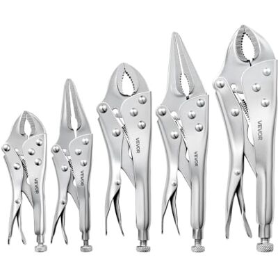 VEVOR Set med 5 självlåsande tänger i nickelpläterat kolstål manualer för gör-det-själv och hemmabruk, böjda käkar och lång pip med justerbar öppning, halkfria ergonomiska handtag VEVOR Set med 5 självlåsande tänger i nickelpläterat kolstål manualer för gör-det-själv och hemmabruk, böjda käkar och lång pip med justerbar öppning, halkfria ergonomiska handtag