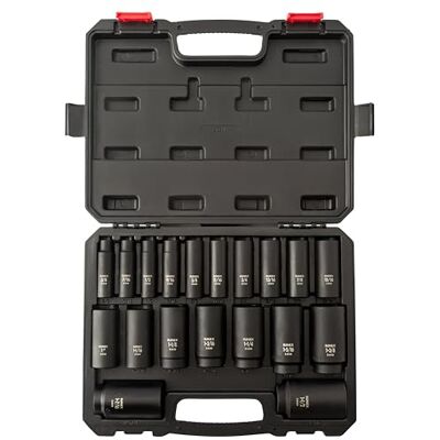 Sunex 2641, 1/2 Inch Drive Deep Impact Socket Set, 19-Piece, SAE, 3/8" 1-1/2", Cr-Mo Alloy Steel, Radius Corner Design, Dual Size Markings, Heavy Duty Storage Case Sunex 2641, 1/2 Inch Drive Deep Impact Socket Set, 19-Piece, SAE, 3/8" 1-1/2", Cr-Mo Alloy Steel, Radius Corner Design, Dual Size Markings, Heavy Duty Storage Case