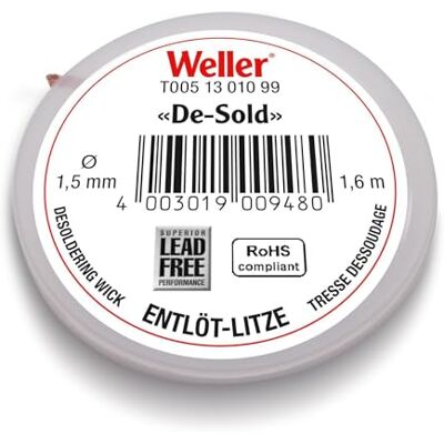 Weller avlödningsspill T0051301099 1,6 m spole bredd 1,5 mm flussmedelsdränkt kopparnät Snabb och ren borttagning av lödtenn för elektronik och kretskort reparation Weller avlödningsspill T0051301099 1,6 m spole bredd 1,5 mm flussmedelsdränkt kopparnät Snabb och ren borttagning av lödtenn för elektronik och kretskort reparation