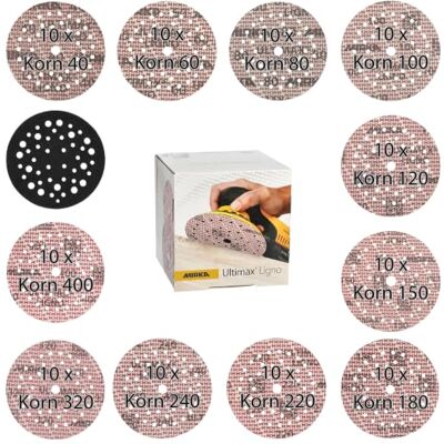 Mirka Ultimax Ligno Sliprondeller Ø125mm med kardborrefäste / 10 rondeller av varje kornstorlek P40, P60, P80, P120, P150, P180, P240, P320, P400 / Pad Saver / 91 st/För 125mm excenterslipar Mirka Ultimax Ligno Sliprondeller Ø125mm med kardborrefäste / 10 rondeller av varje kornstorlek P40, P60, P80, P120, P150, P180, P240, P320, P400 / Pad Saver / 91 st/För 125mm excenterslipar