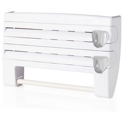 Relaxdays 3-i-1 väggmonterad rullhållare, köksrulle, folie, plastfolie, HxBxD: 24,5 x 38 x 7,5 cm, vit Relaxdays 3-i-1 väggmonterad rullhållare, köksrulle, folie, plastfolie, HxBxD: 24,5 x 38 x 7,5 cm, vit