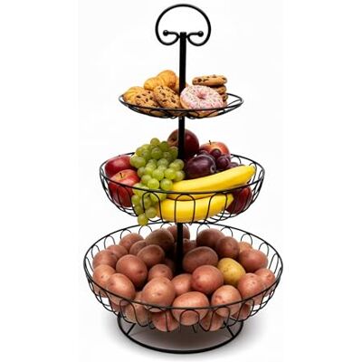 Relaxdays fruktskål, 3-nivåer, metall, HxD: 47 x 30 cm, frukt, grönsaker, med handtag, dekorativ, svart Relaxdays fruktskål, 3-nivåer, metall, HxD: 47 x 30 cm, frukt, grönsaker, med handtag, dekorativ, svart