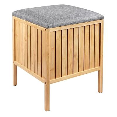 Relaxdays tvättkorg i bambu med vadderat säte, förvaring, badrumspall, 52 x 39 x 39 cm, naturlig/grå Relaxdays tvättkorg i bambu med vadderat säte, förvaring, badrumspall, 52 x 39 x 39 cm, naturlig/grå