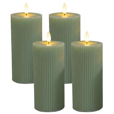 Relaxdays LED flamlösa pelarljus, set med 4, flimmerlåga, äkta vax, räfflad, salvia, 18 x 7,5 cm Relaxdays LED flamlösa pelarljus, set med 4, flimmerlåga, äkta vax, räfflad, salvia, 18 x 7,5 cm