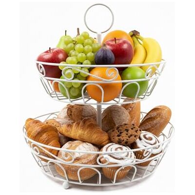 Relaxdays Fruit Etagere, 2 nivåer, metall, HxD: 30 x 31 cm, frukt & grönsak, med handtag, rund skål, vit Relaxdays Fruit Etagere, 2 nivåer, metall, HxD: 30 x 31 cm, frukt & grönsak, med handtag, rund skål, vit