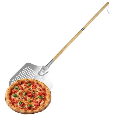 Relaxdays perforerad pizzaskal, avtagbart trähandtag, 132 cm långt, aluminium och rostfritt stål, silver Relaxdays perforerad pizzaskal, avtagbart trähandtag, 132 cm långt, aluminium och rostfritt stål, silver