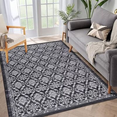 Auton boho-mattor, tvättbara mattor för vardagsrum, halkfri, tunt överkast, matta för matbord, matta med blomtryck i använd look för sovrum, kök, kontor, mörkgrå, 160 x 230 Auton boho-mattor, tvättbara mattor för vardagsrum, halkfri, tunt överkast, matta för matbord, matta med blomtryck i använd look för sovrum, kök, kontor, mörkgrå, 160 x 230