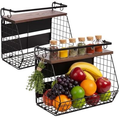 Relaxdays fruktkorg vägghylla set med 2, magnetisk köksorganisatör, HWD: 30 x 35,5 x 21 cm, metallkorgar, svart/brun Relaxdays fruktkorg vägghylla set med 2, magnetisk köksorganisatör, HWD: 30 x 35,5 x 21 cm, metallkorgar, svart/brun