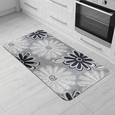 Comart Malaga köksmatta löpare 100% PVC fläckbeständig halkfri vattentät maskintvättbar matta modern körfält för kök och hall svarta blommor 55 x 100 cm Comart Malaga köksmatta löpare 100% PVC fläckbeständig halkfri vattentät maskintvättbar matta modern körfält för kök och hall svarta blommor 55 x 100 cm