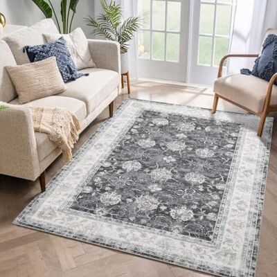Auton Maskintvättbar Matta 80 x 150 cm, Vintage Design Med Halkfria Egenskaper för Vardagsrum Sovrum, Blomtryck Smutsavvisande Heminredning Kontorsområde, Svart Auton Maskintvättbar Matta 80 x 150 cm, Vintage Design Med Halkfria Egenskaper för Vardagsrum Sovrum, Blomtryck Smutsavvisande Heminredning Kontorsområde, Svart