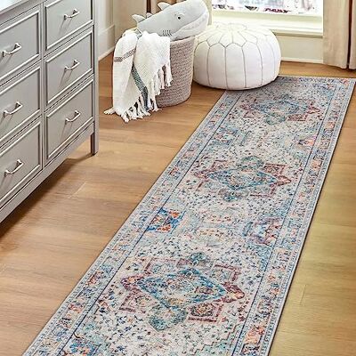 Vernal Atticus Maskintvättbar, fäller ej, halkfri matta för vardagsrum, sovrum, matsal, hall, kök, husdjursvänlig, vattenblå/kunglig lila/kräm, 76 cm x 243 cm Vernal Atticus Maskintvättbar, fäller ej, halkfri matta för vardagsrum, sovrum, matsal, hall, kök, husdjursvänlig, vattenblå/kunglig lila/kräm, 76 cm x 243 cm