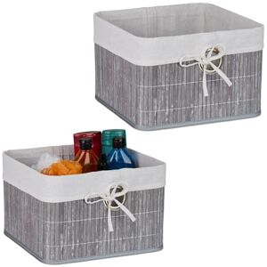 Relaxdays Förvaringskorg, set om 2, bambu, tyginsats, HBT: 20 x 31 x 31 cm, korg med fingerhål, hyllkorg, grå/vit Relaxdays Förvaringskorg, set om 2, bambu, tyginsats, HBT: 20 x 31 x 31 cm, korg med fingerhål, hyllkorg, grå/vit