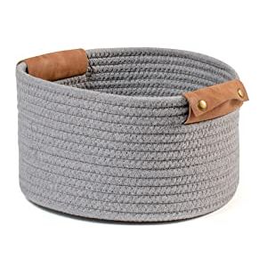 H&H Grå Bomull Korg med Konstläder Rund 26x15hcm H&H Grå Bomull Korg med Konstläder Rund 26x15hcm