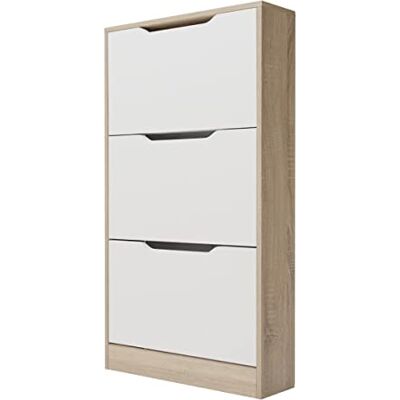 DUÉRMETE ONLINE Skoskåp med 3 dörrar, smal, Ayen-modell, Cambria och vit färgfinish, mått: 107 cm (H) x 60 cm (B) x 17,3 cm (våg) praktiskt och funktionellt DUÉRMETE ONLINE Skoskåp med 3 dörrar, smal, Ayen-modell, Cambria och vit färgfinish, mått: 107 cm (H) x 60 cm (B) x 17,3 cm (våg) praktiskt och funktionellt