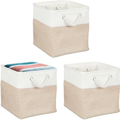 Relaxdays Förvaringskorg, uppsättning av 3 linne, med rephandtag, kläder, leksaker, 28 x 28 x 28 cm, hyllkorg, beige/vit Relaxdays Förvaringskorg, uppsättning av 3 linne, med rephandtag, kläder, leksaker, 28 x 28 x 28 cm, hyllkorg, beige/vit
