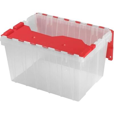 Akro-Mils 6648612-Gallon plast stapelbar förvaringslåda: Tygbehållare med bifogat lock med gångjärn, 21-1/2-tum x 15-tum x 12-1/2-tum, klar/röd Akro-Mils 6648612-Gallon plast stapelbar förvaringslåda: Tygbehållare med bifogat lock med gångjärn, 21-1/2-tum x 15-tum x 12-1/2-tum, klar/röd