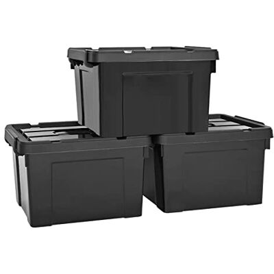 HOHAOO Förvaringslådor, set med 3 40 L kraftiga stapelbara förvaringslådor stapelbar svart plast med lock och lådklämma låst för hyllor och garage HOHAOO Förvaringslådor, set med 3 40 L kraftiga stapelbara förvaringslådor stapelbar svart plast med lock och lådklämma låst för hyllor och garage