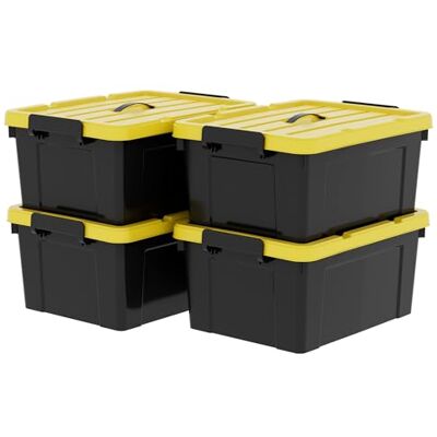 Cetomo Förvaringslåda i plast med lock, handtag och spärrspännen för verktyg utomhus trädgård garage hem, hållbar, kraftig, stapelbar, kapsling, svart och gul, 35 L (4-pack) Cetomo Förvaringslåda i plast med lock, handtag och spärrspännen för verktyg utomhus trädgård garage hem, hållbar, kraftig, stapelbar, kapsling, svart och gul, 35 L (4-pack)