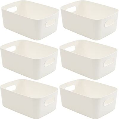 SA Products SA produkter uppsättning av 6 förvaringsboxar vita förvaringslådor med handtag rektangulära plastförvaringskorgar snygg skåporganiserare för kök, hem, kontor och badrum (vit) SA Products SA produkter uppsättning av 6 förvaringsboxar vita förvaringslådor med handtag rektangulära plastförvaringskorgar snygg skåporganiserare för kök, hem, kontor och badrum (vit)