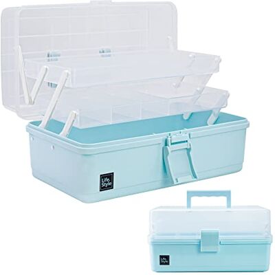 Creahaus 33 cm (13 tum) multifunktionell förvaringsbox, hantverksförvaringslåda med fack, verktygslåda i plast, medicinförvaringsbox, hårtillbehör, organisatör, sybox med 2 brickor (blå) Creahaus 33 cm (13 tum) multifunktionell förvaringsbox, hantverksförvaringslåda med fack, verktygslåda i plast, medicinförvaringsbox, hårtillbehör, organisatör, sybox med 2 brickor (blå)