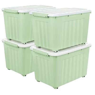 Cetomo 55 L x 4 förvaringslådor med hjul, plastförvaringslåda med lock, spärrspännen, klickstängning, stapelbar, kapsling, hållbar organiserare för hemmakontorskläder, grön, 55 L-4-pack Cetomo 55 L x 4 förvaringslådor med hjul, plastförvaringslåda med lock, spärrspännen, klickstängning, stapelbar, kapsling, hållbar organiserare för hemmakontorskläder, grön, 55 L-4-pack