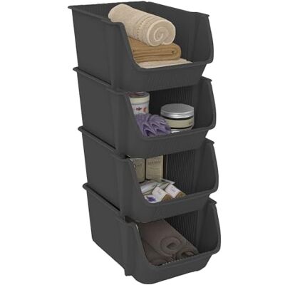 Sundis Fly Tower med 4 förvaringskorgar av återvunnen plast, stapelbar, grå, perfekt för verkstad, garage, leksaker, kök och badrum Sundis Fly Tower med 4 förvaringskorgar av återvunnen plast, stapelbar, grå, perfekt för verkstad, garage, leksaker, kök och badrum